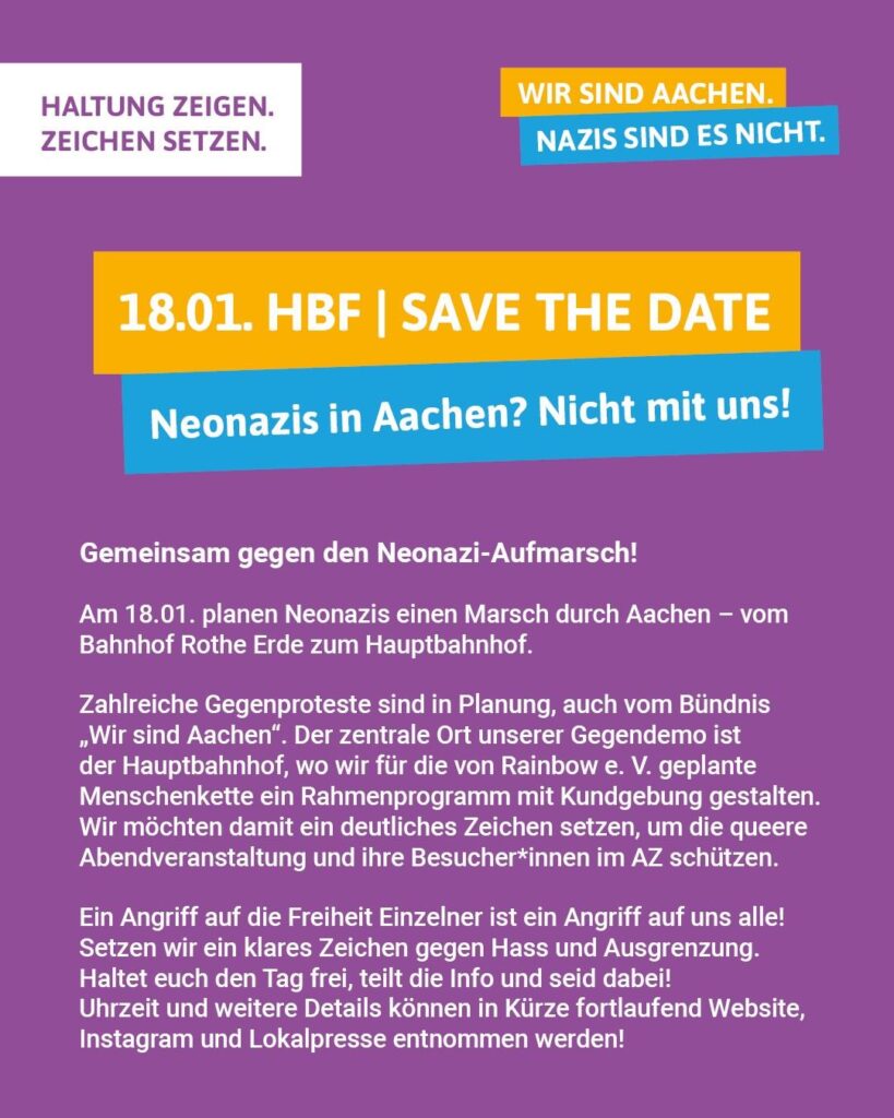 Flyer mit bunten Farben und großer Schrift: Aufruf zu einer Demonstration am 18. Januar am Hauptbahnhof Aachen. Veranstaltungsdetails.