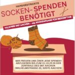 Illustration eines deutschen Plakats zu Armutstag 2025 mit Socken, Garn, Stricknadeln und Spendeninfos für SKF Aachen.