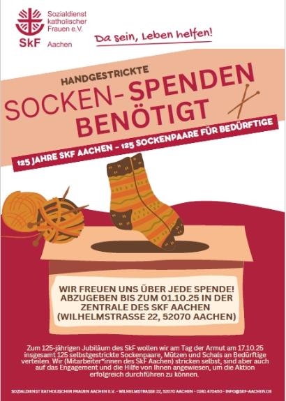 Illustration eines deutschen Plakats zu Armutstag 2025 mit Socken, Garn, Stricknadeln und Spendeninfos für SKF Aachen.
