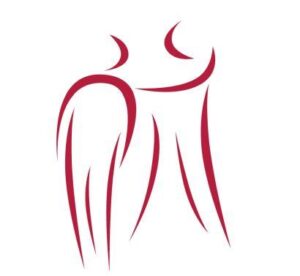 Illustration von zwei stilisierten Figuren in roten Linien, eine mit Flügeln wie ein Engel, eine weitere stehend daneben.