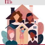 Illustration von Frauen unterschiedlicher Herkunft und einem Kind vor einem Haus. Text: Frauen- und Kinderschutzhaus Aachen, SkF.