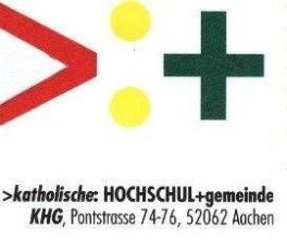 Logo mit roter spitzer Klammer, zwei gelben Punkten, grünem Pluszeichen und dem Text: KHG RoKoKo Familienzentrum Aachen.