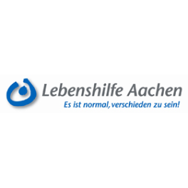 Logo von Lebenshilfe Aachen: Links blaues Symbol, rechts Schriftzug "Lebenshilfe Aachen" und darunter Slogan "Es ist normal, verschieden zu sein!". Bezug zum Familienzentrum RoKoKo.