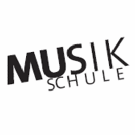 Logo mit dem Wort MUSIK in fetten, schwarzen Großbuchstaben über SCHULE in kleineren, gespreizten Großbuchstaben; beide leicht nach rechts oben geneigt.
