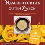 Werbeplakat von ZONTA Club Aachen: Praline mit Marzipan und Aachener Dom, gelbe Rosen, 10€-Etikett auf rotem Hintergrund.