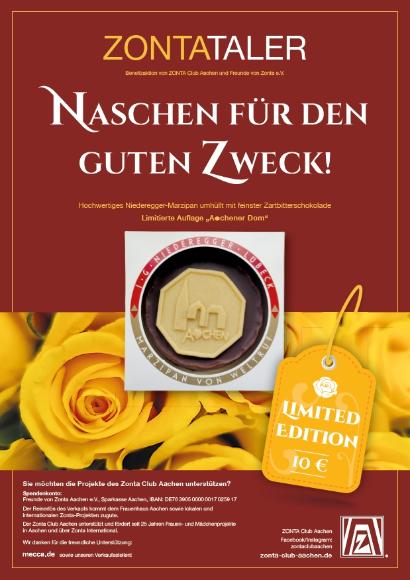 Werbeplakat von ZONTA Club Aachen: Praline mit Marzipan und Aachener Dom, gelbe Rosen, 10€-Etikett auf rotem Hintergrund.