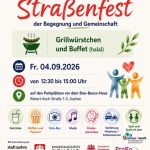 Flyer mit buntem Hintergrund für das Robert-Koch-Straßenfest am 4. September 2026 von 12:30 bis 15:00 Uhr in Aachen. Zu sehen sind Symbole und Texte zu Halal-Essen, Aktivitäten für Kinder, Informationen für die Gemeinschaft sowie ein Hinweis auf freien Eintritt. Unten sind die Logos der Sponsoren abgebildet.