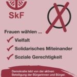 Plakat in Rosa-Tönen mit SkF-Logo und großem Haken. Text ruft Frauen zur Wahl für Vielfalt, Solidarität und Gerechtigkeit auf.