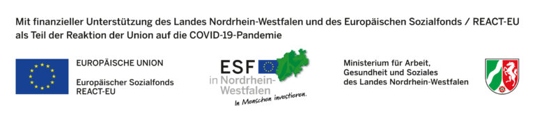 Logos von EU, ESF NRW, Ministerium Arbeit Gesundheit Soziales NRW und NRW-Wappen mit deutschem Text zur COVID-19-Förderung.