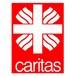Logo von Caritas: Weißes Kreuz mit geschwungenen Linien auf rotem Grund, darüber "caritas" in weißen Kleinbuchstaben.