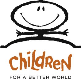 Logo eines lächelnden Strichmännchen-Kindes mit ausgestreckten Armen über dem Schriftzug "CHILDREN FOR A BETTER WORLD" in fetter, verspielter Schrift.