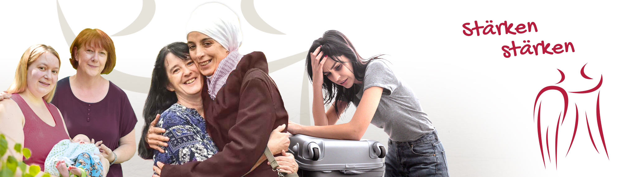 Foto von fünf Frauen, eine mit Baby, eine an Koffer. Rechter Text: "stärken stärken", "Hilfe für Frauen" und rote Figur.