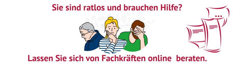 Illustration von drei Personen mit gesenkten Köpfen in den Händen, umgeben von Text zu Verwirrung, Hilfsangebot und Online-Beratung.