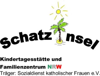 Logo mit gezeichneter Palme als "I" in "Schatzinsel", Sonne. Darunter: Kindertagesstätte und Familienzentrum NRW, Trägername.