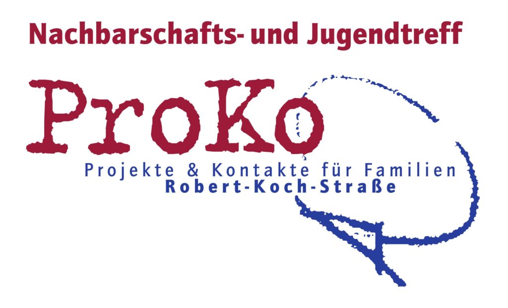 Logo von "Nachbarschafts- und Jugendtreff ProKo" mit rotem und blauem Text, stilisierter blauer Sprechblase und Adresse.