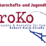 Logo von "Nachbarschafts- und Jugendtreff ProKo" mit rotem und blauem Text, stilisierter blauer Sprechblase und Adresse.