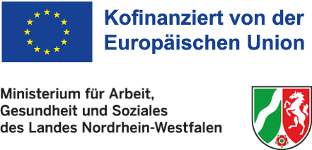 Grafik mit EU-Flagge, dem Text "Kofinanziert von der Europäischen Union" und dem Logo des nordrhein-westfälischen Arbeitsministeriums.