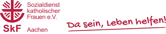 Logo von Sozialdienst katholischer Frauen e.V. Aachen mit rotem Emblem und dem Slogan "Da sein, Leben helfen!" auf hellem Hintergrund.